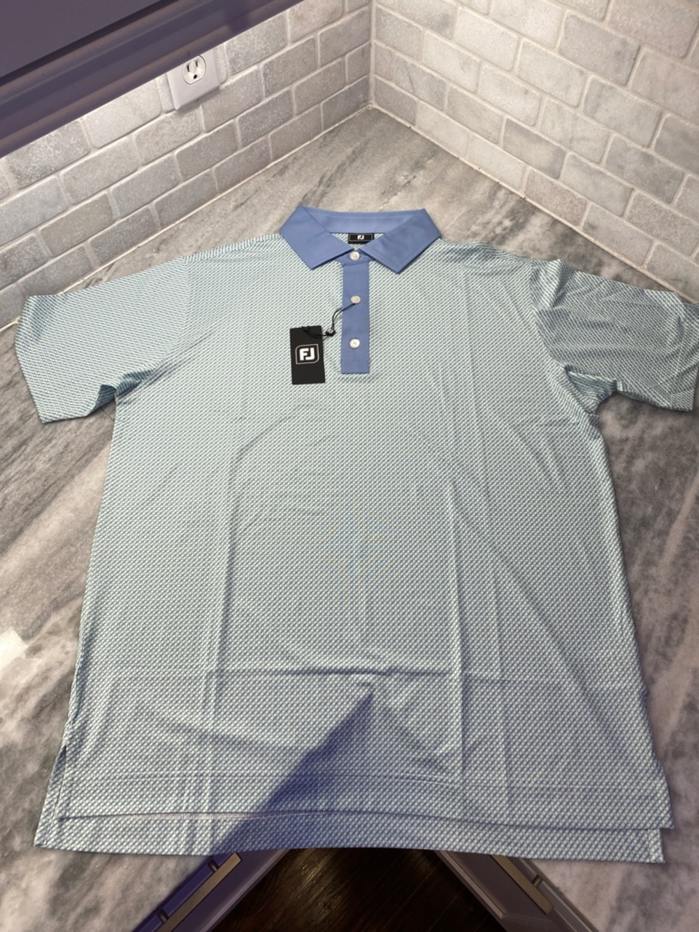 FootJoy Men's Light Blue/Green Geo-Pattern Golf Polo with Blue Collar